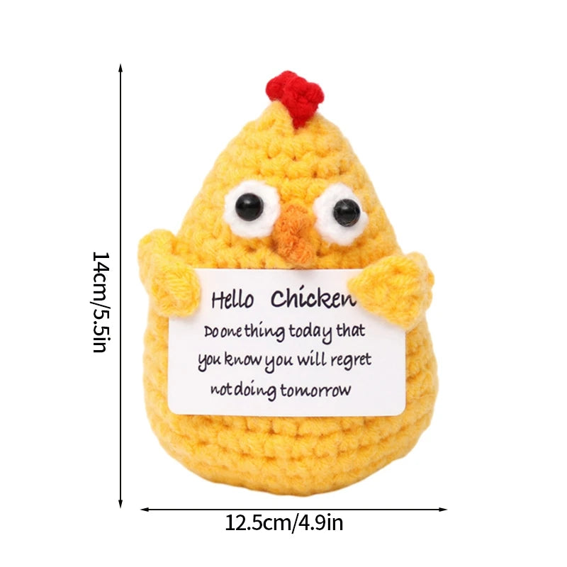 Handmade crochet yellow chicken doll with a red comb and an inspirational slogan pocket