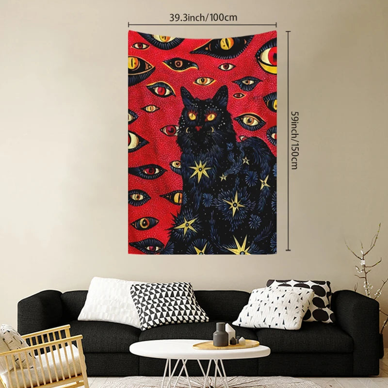 A dark tapestry wall hanging featuring a black cat with glowing yellow eyes against a red background.