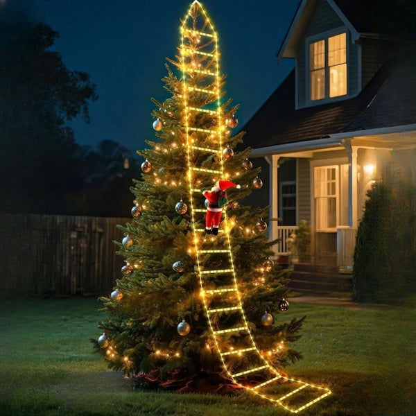 A Christmas tree decorated with a glowing yellow ladder of lights leading to a Santa figure outdoors.