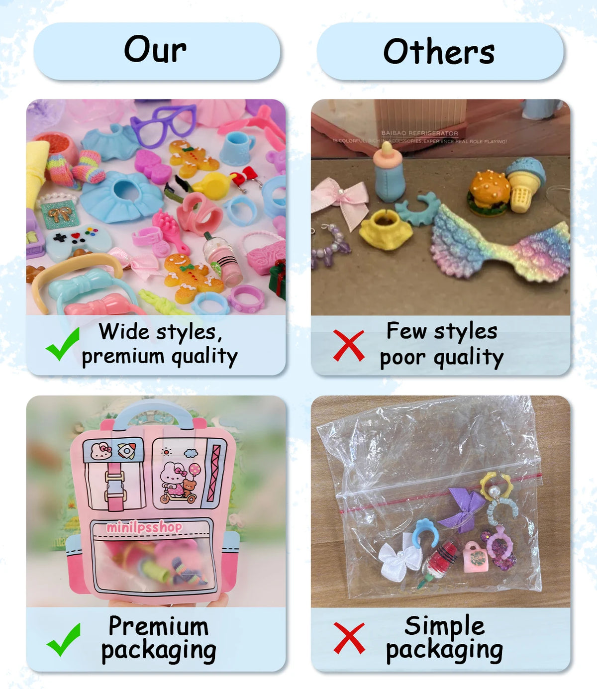 A variety pack of mini pet shop accessories including toys and items in various colors and materials.