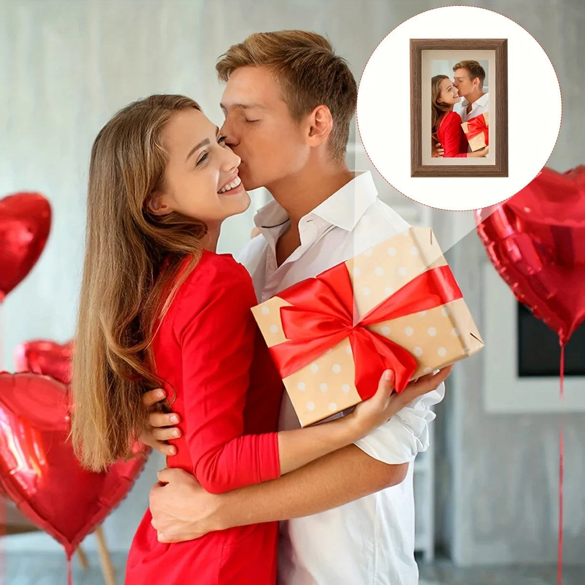 A couple embracing and sharing a gift, with an inset showing a custom wooden photo frame.