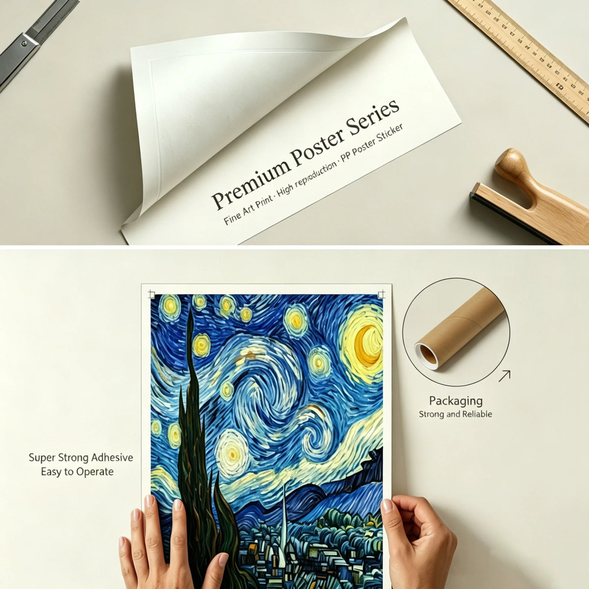 A hand holds a premium poster featuring an Attack on Titan scene, showcasing its fine art print quality and packaging.