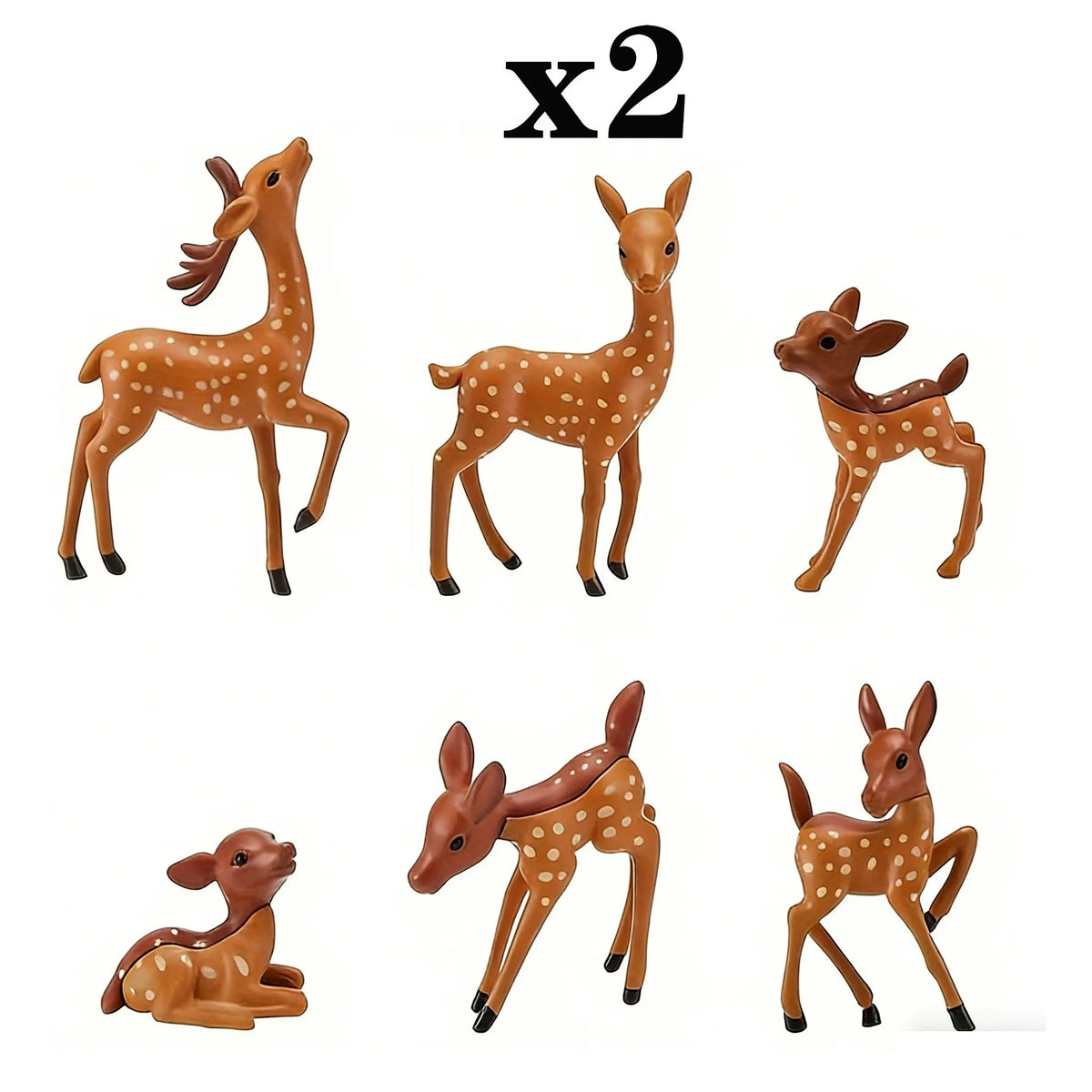 Two miniature deer figurines in brown and orange spotted colors shown from different angles