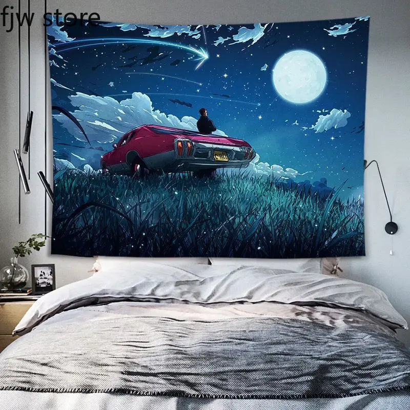 Dunkelblaue Nachtfinsternis mit großer Mond und rotem futuristischem Auto, das durch hohes Gras fährt.