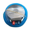 A handheld balloon air pump with a clear plastic cap and red and blue connectors.