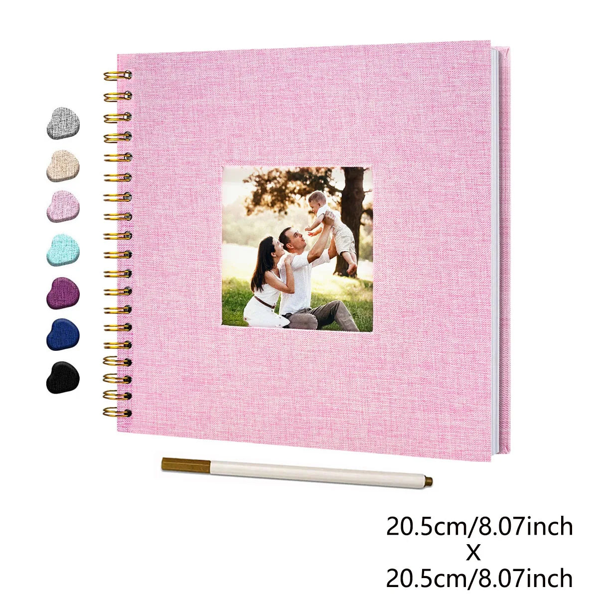 Pink linen cover scrapbook album with a photo of a mother and child