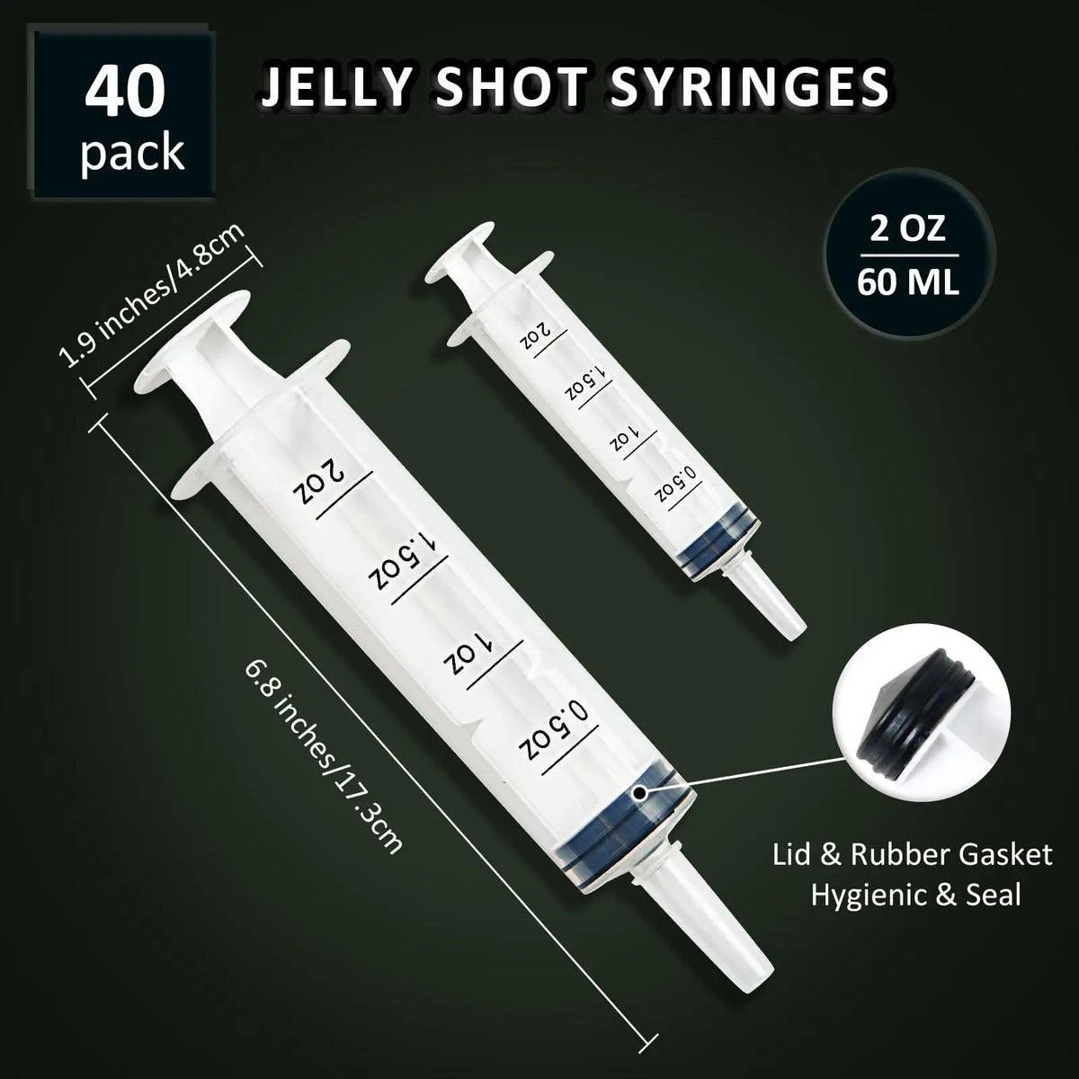 A pack of 40 jelly shot syringes, 2 oz each, with various sizes and lids.
