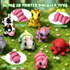 A collection of 50 pcs 3D printed dinosaur toys including a cow, a yellow dinosaur, and pink dinosaurs.