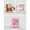 A pink ATM-style piggy bank with an electronic lock and keypad, shown in three views.