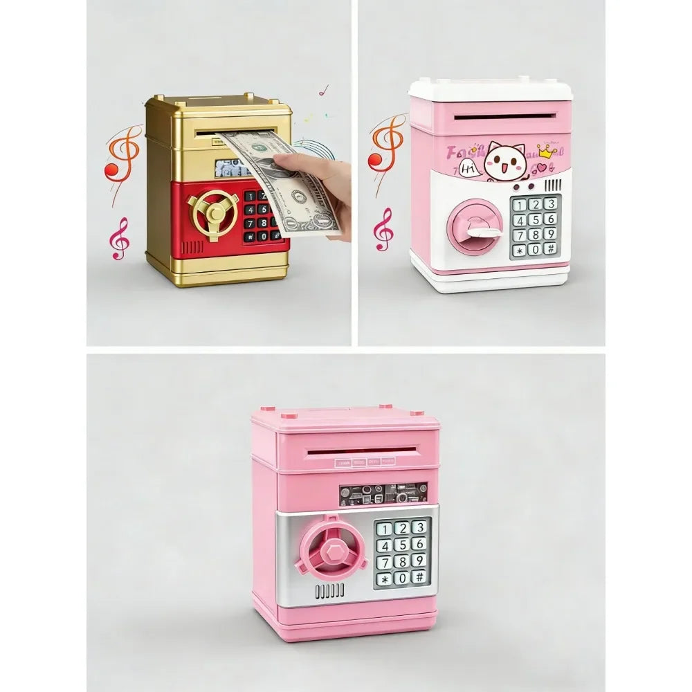 A pink ATM-style piggy bank with an electronic lock and keypad, shown in three views.