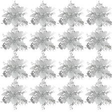 A set of five silver glitter Christmas flower ornaments with clips.