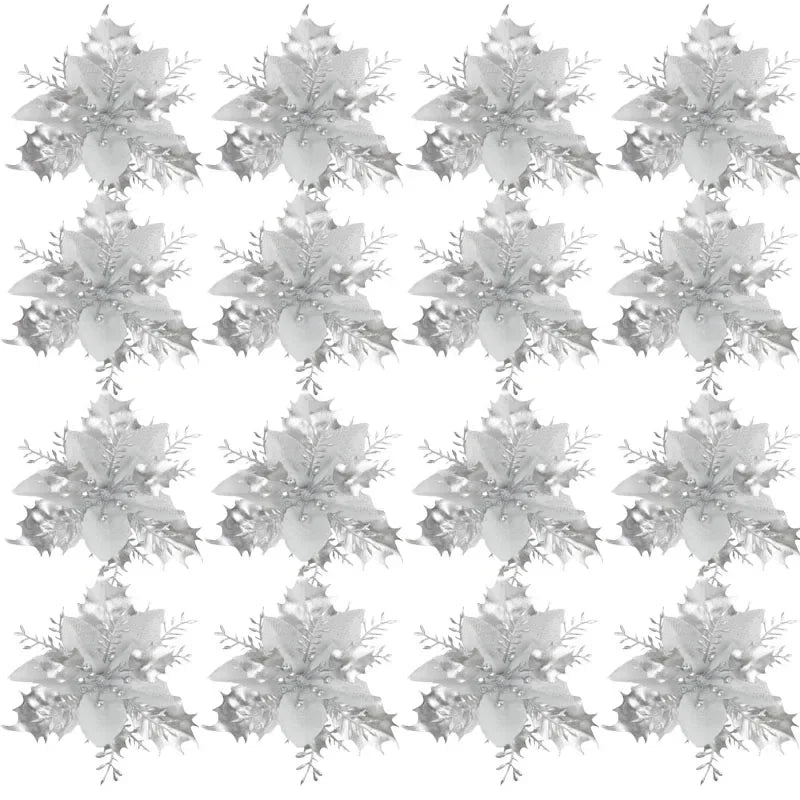 Glitter Christmas Flower Ornaments with Clips (Set of 5)