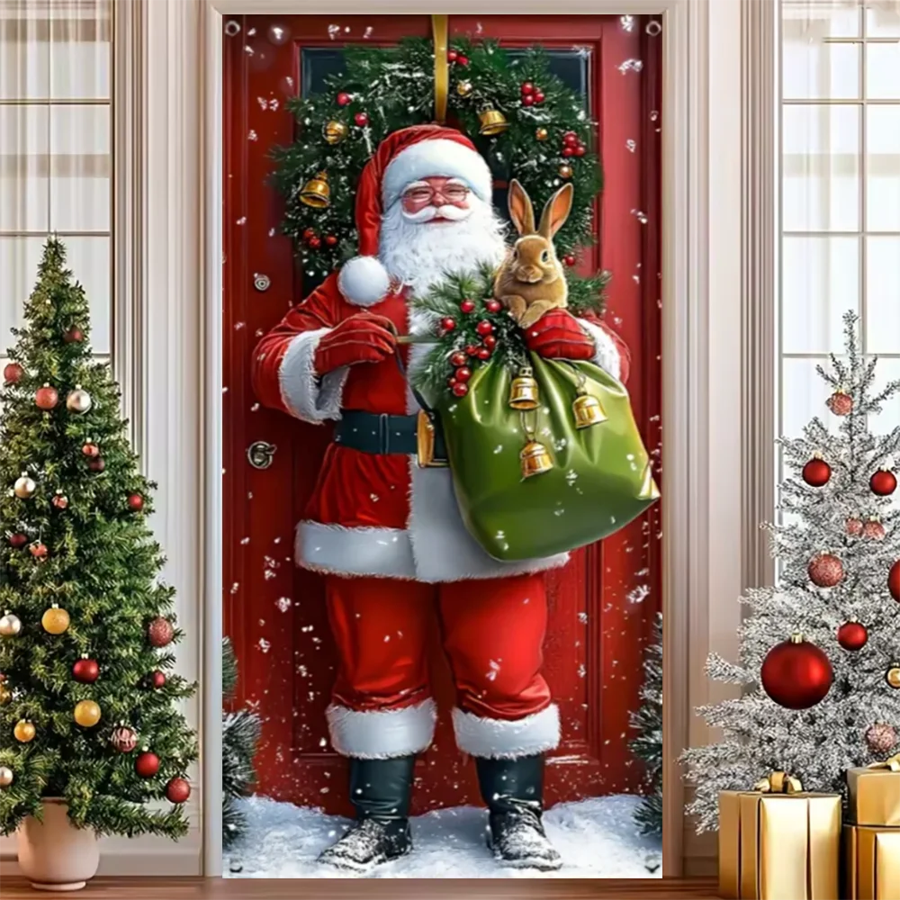 Merry Christmas Party Decoration Door Cover with Santa, Snowman & Reindeer Design
