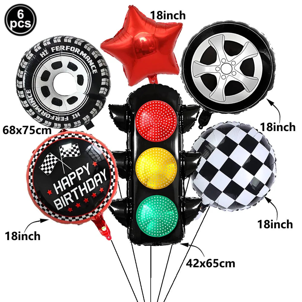 Race Car Birthday Party Balloon Decoration Set with Traffic Lights, Cones & Checkered Flags