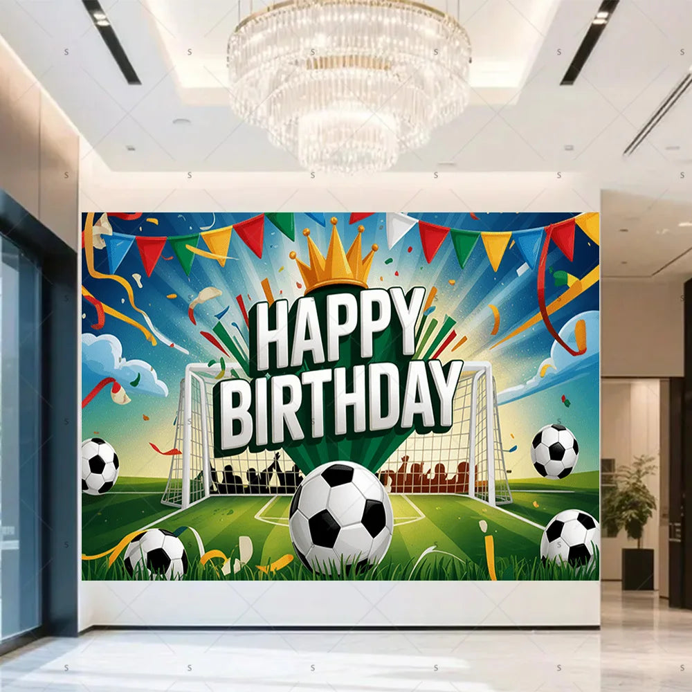 A vibrant football themed birthday backdrop banner featuring a crown, balloons, and soccer balls on a green field.