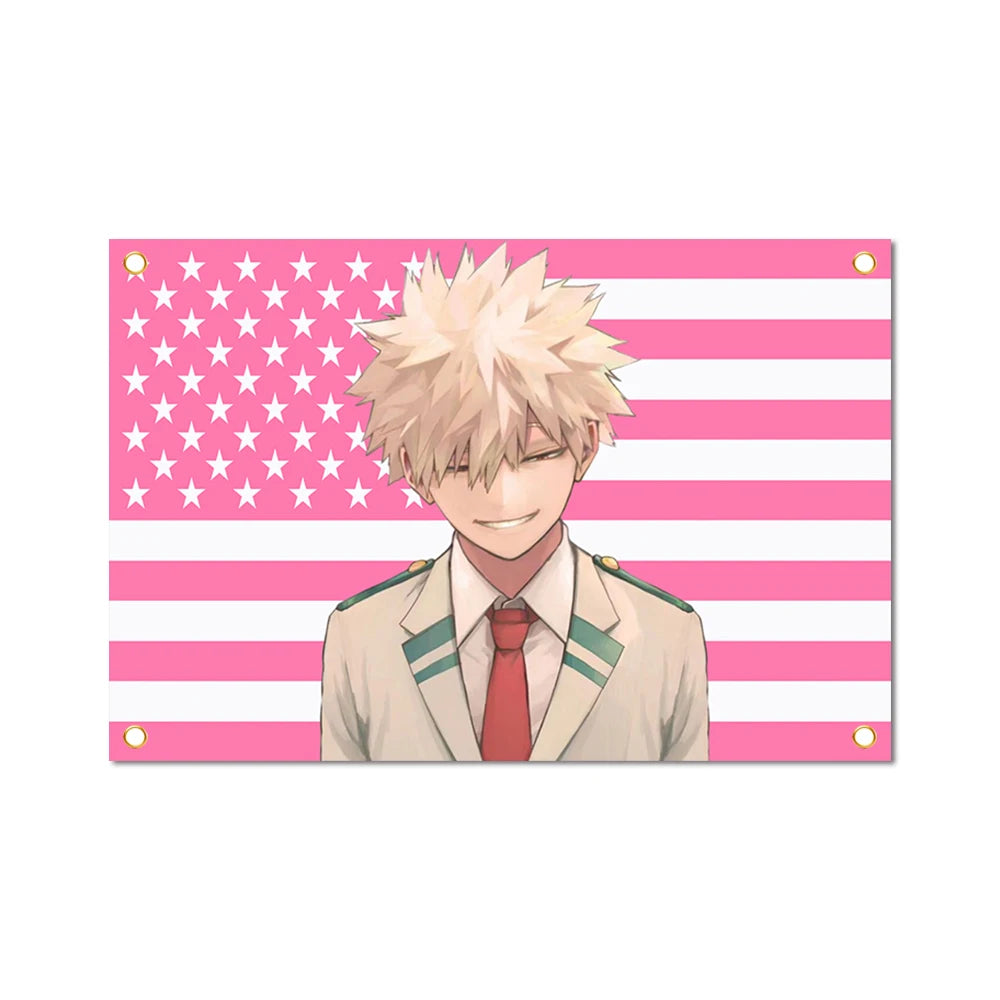 A printed tapestry wall hanging featuring a character inspired by Bakugo Katsuki against an American flag background.