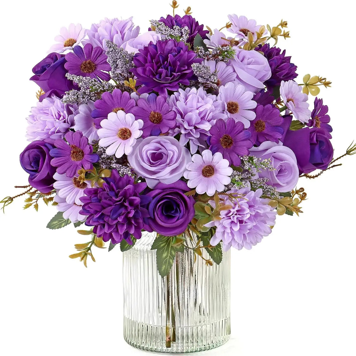 A vibrant bouquet of artificial silk roses and daisies in shades of purple and lavender.