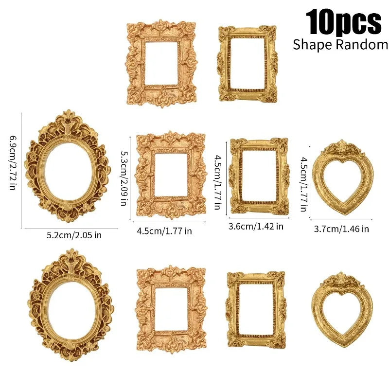 A set of ten vintage gold-colored resin picture frames in various ornate shapes and sizes.