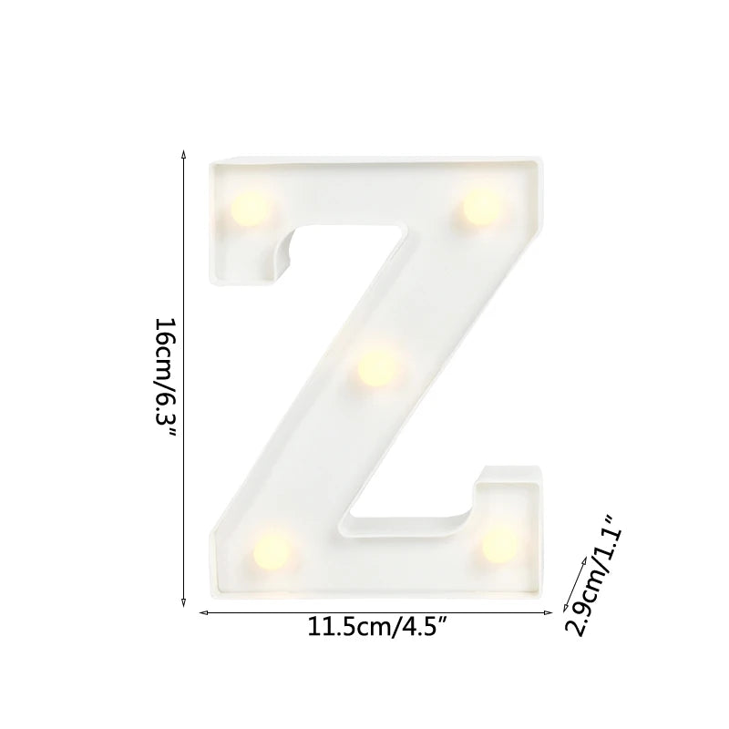 A white alphabet letter light shaped like the letter Z with warm white LED lights.