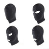 A set of black BDSM head harness and blindfold for roleplay, shown in two different styles.