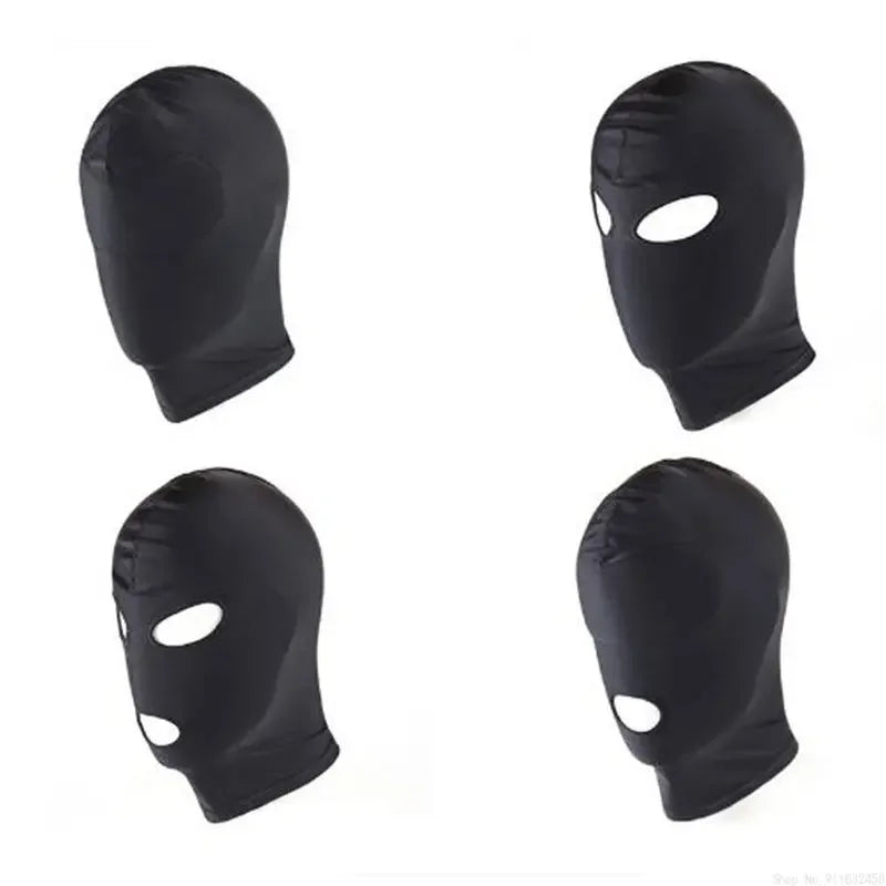 A set of black BDSM head harness and blindfold for roleplay, shown in two different styles.