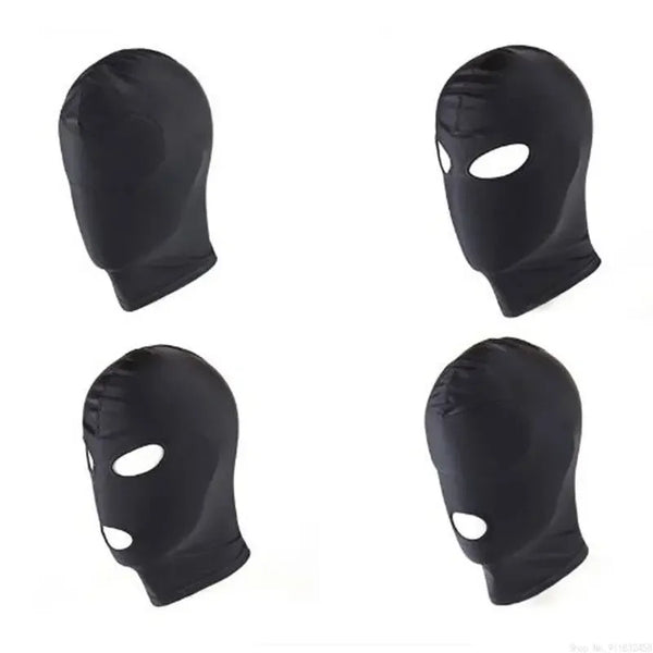 A set of black BDSM head harness and blindfold for roleplay, shown in two different styles.