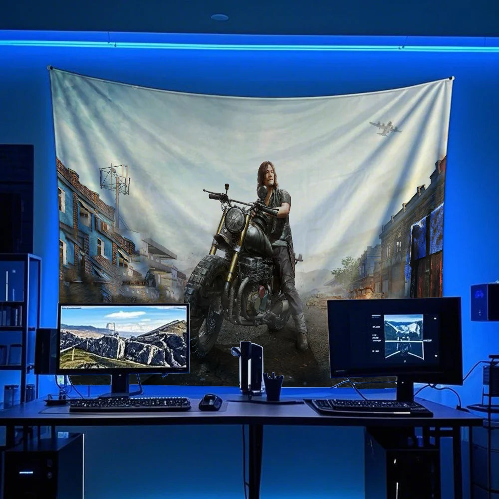 A large banner featuring a historical scene with a motorcycle and a hand-pulled American flag design.