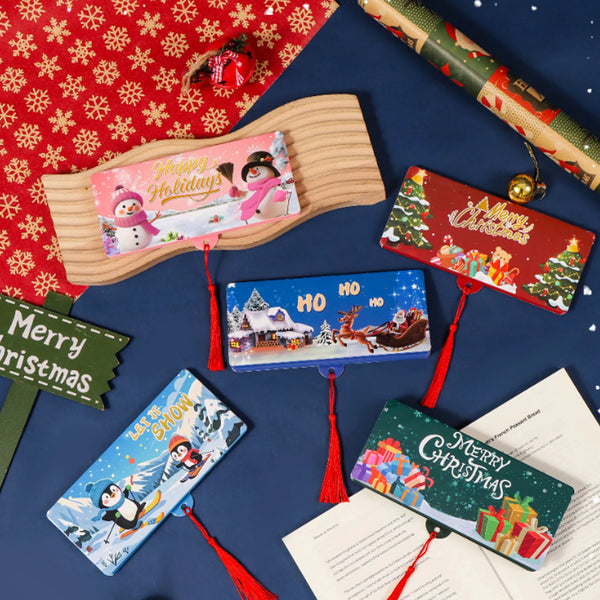 A festive cash gift box with 10 slots and various holiday-themed cards is displayed on a dark blue background.