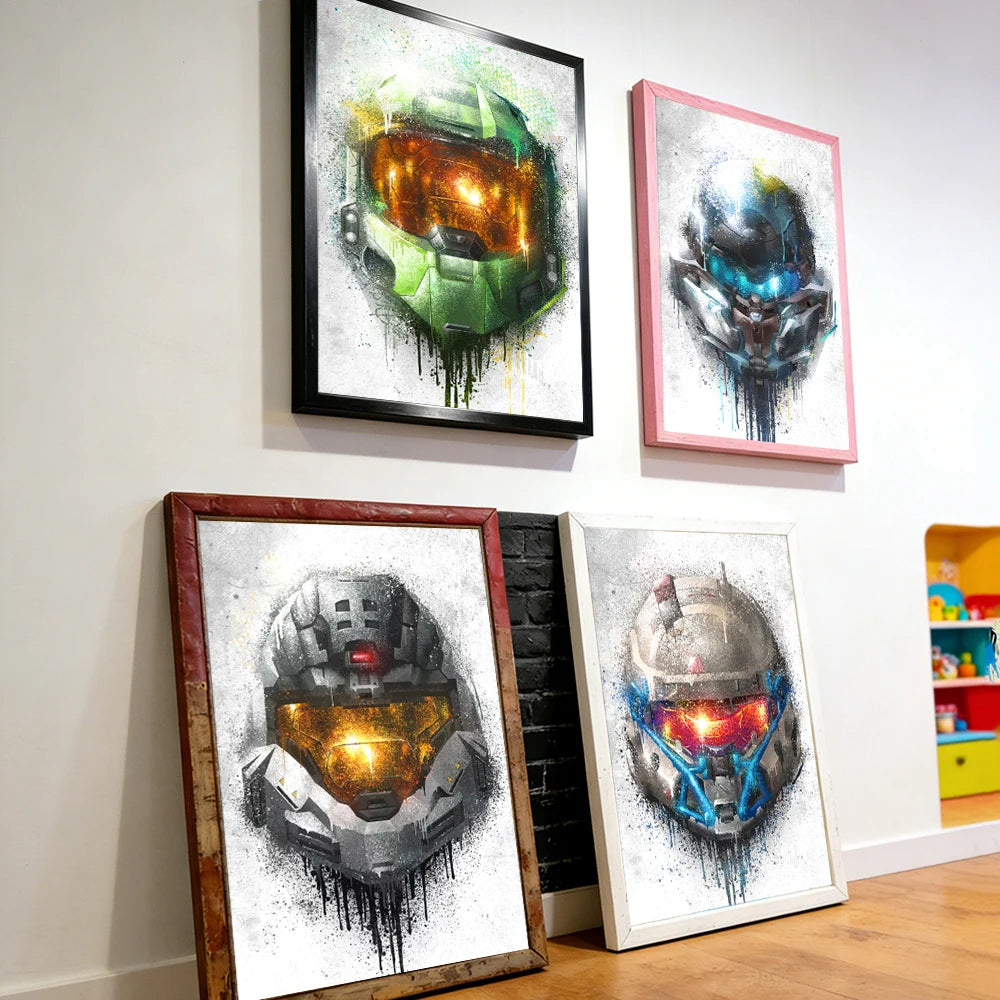 A collection of three framed canvas wall art prints featuring Master Chief helmets in various sci-fi styles.