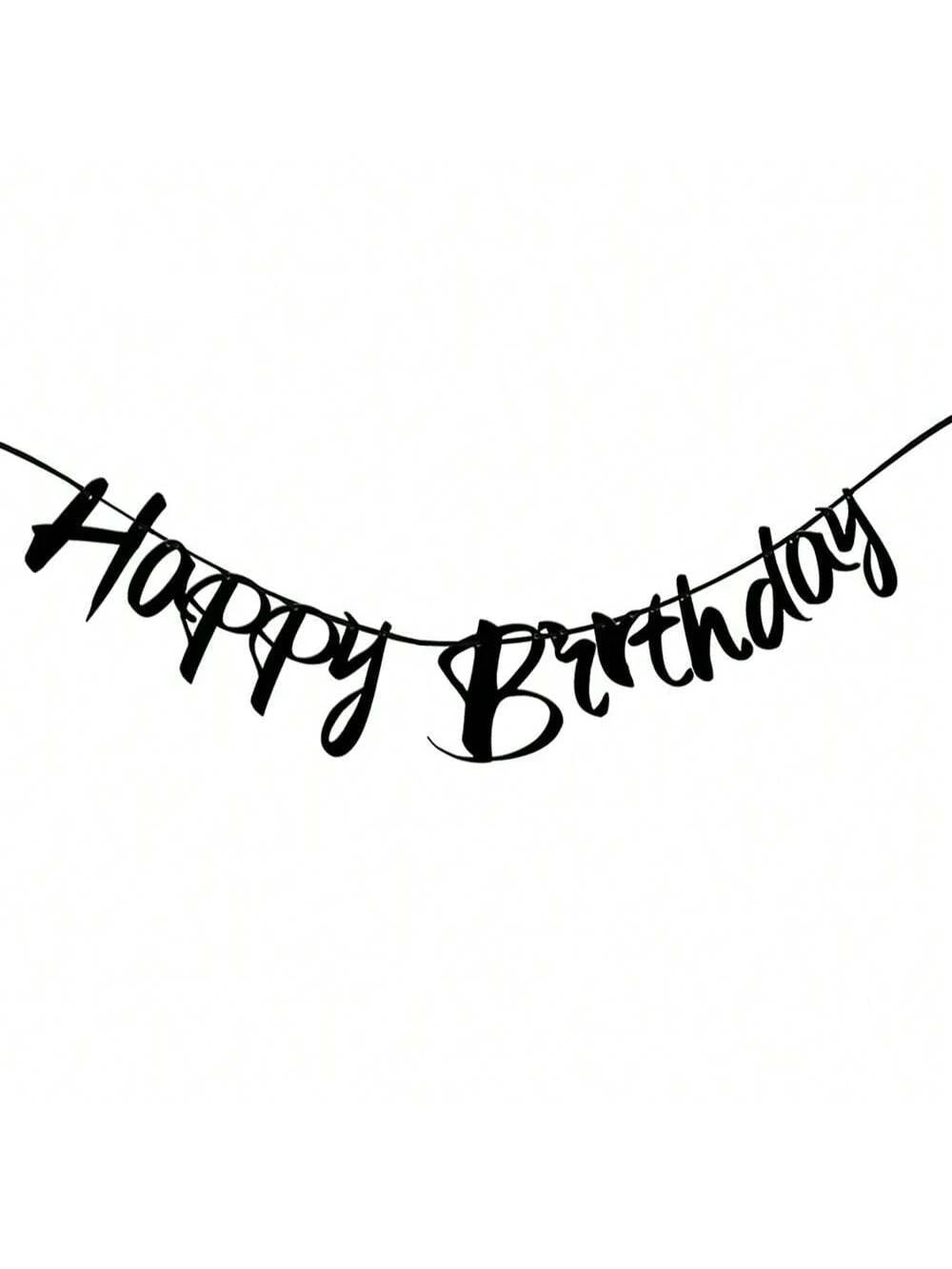 A black banner spelling out Happy Birthday with elegant script.