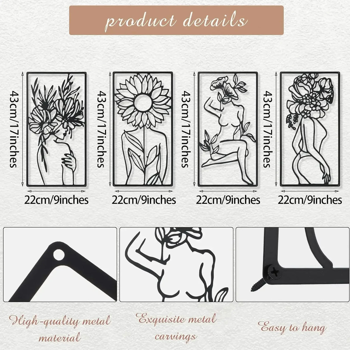 Set of four line art metal wall decor pieces featuring female figures and floral designs.