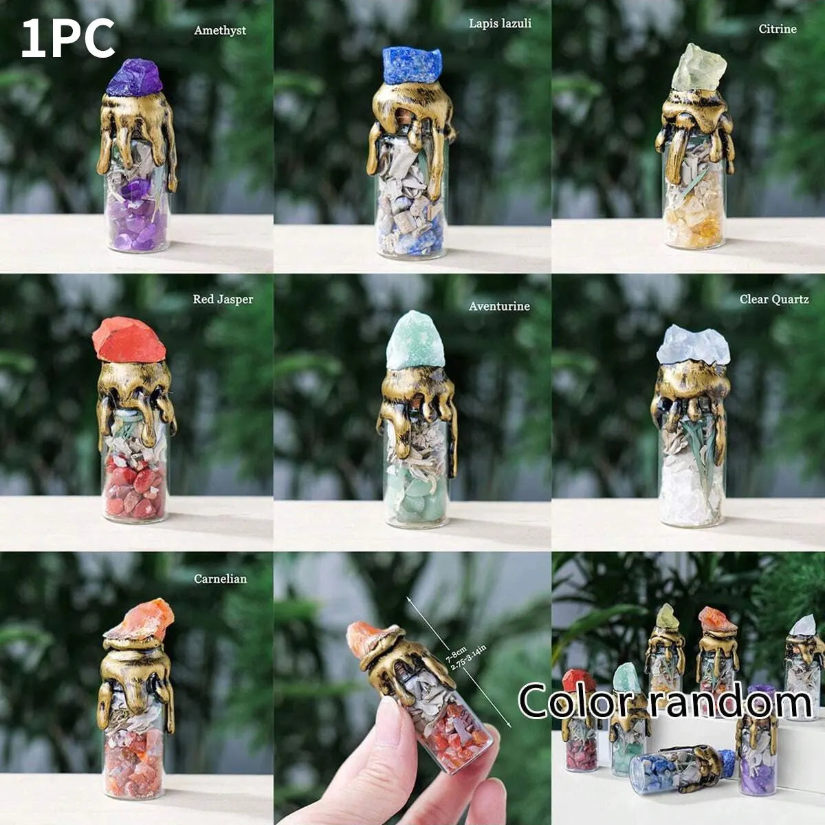 A collection of natural crystal wishing bottles featuring various stones like amethyst, lapis lazuli, citrine, jasper, aventu