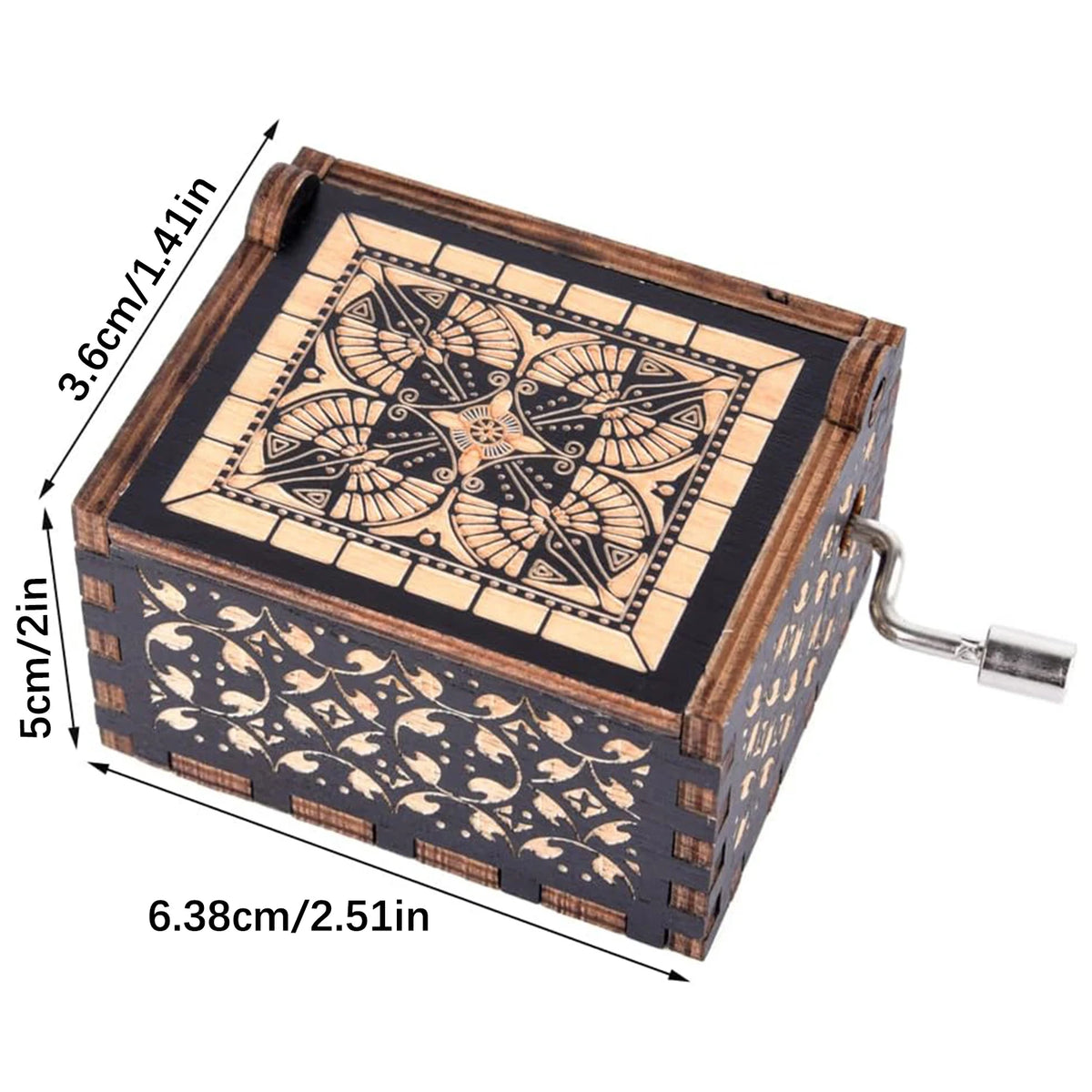 Antique engraved wooden music box with intricate geometric patterns and decorative carvings