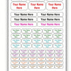 A display of 75 blank white name tags in various sizes and layouts, with icons for washing, freezing, dishwashing, microwavin
