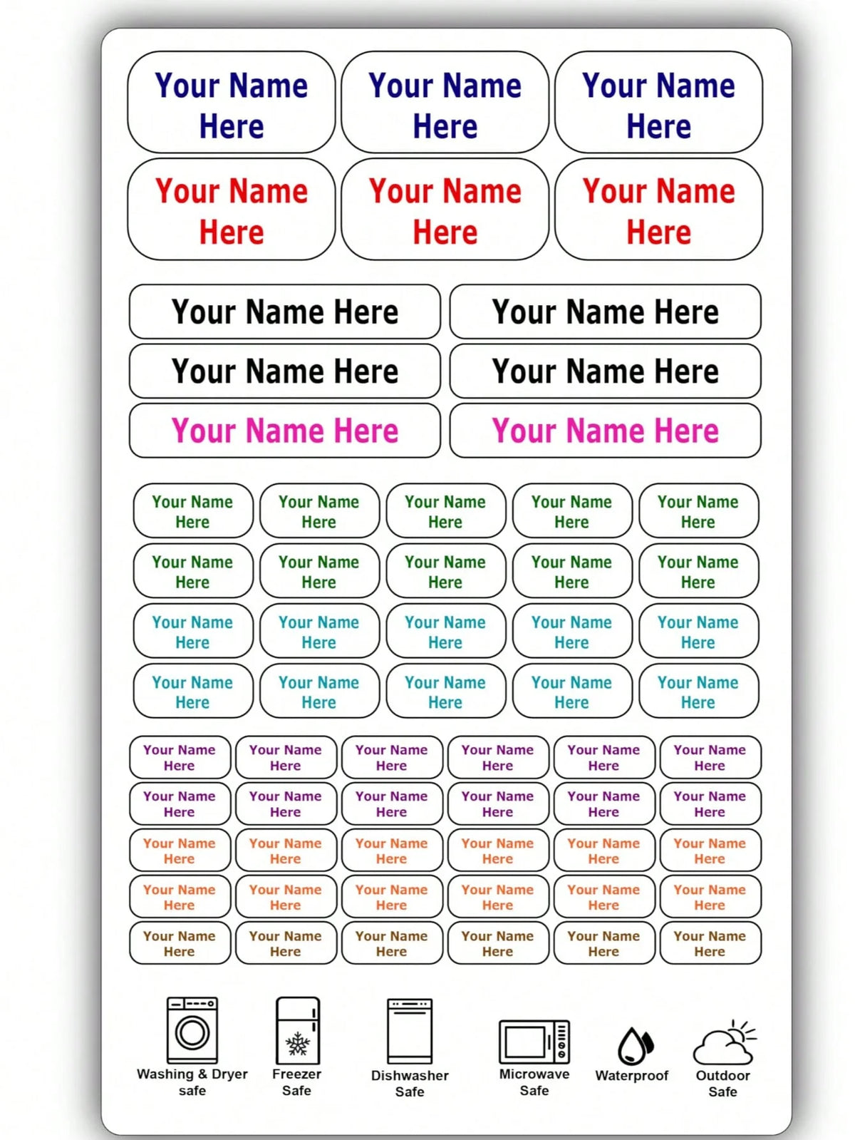 A display of 75 blank white name tags in various sizes and layouts, with icons for washing, freezing, dishwashing, microwavin