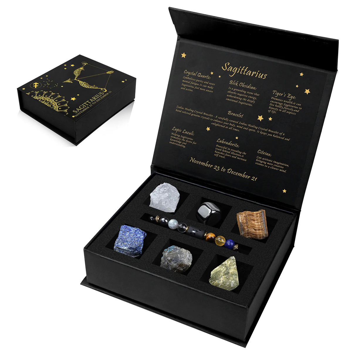 A black gift box containing a natural stone zodiac bracelet and crystal quartz stones for Sagittarius.