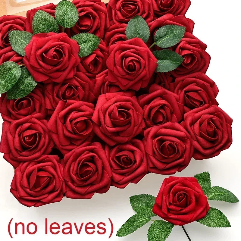 A dense bouquet of deep red foam rose flower heads with green leaves.