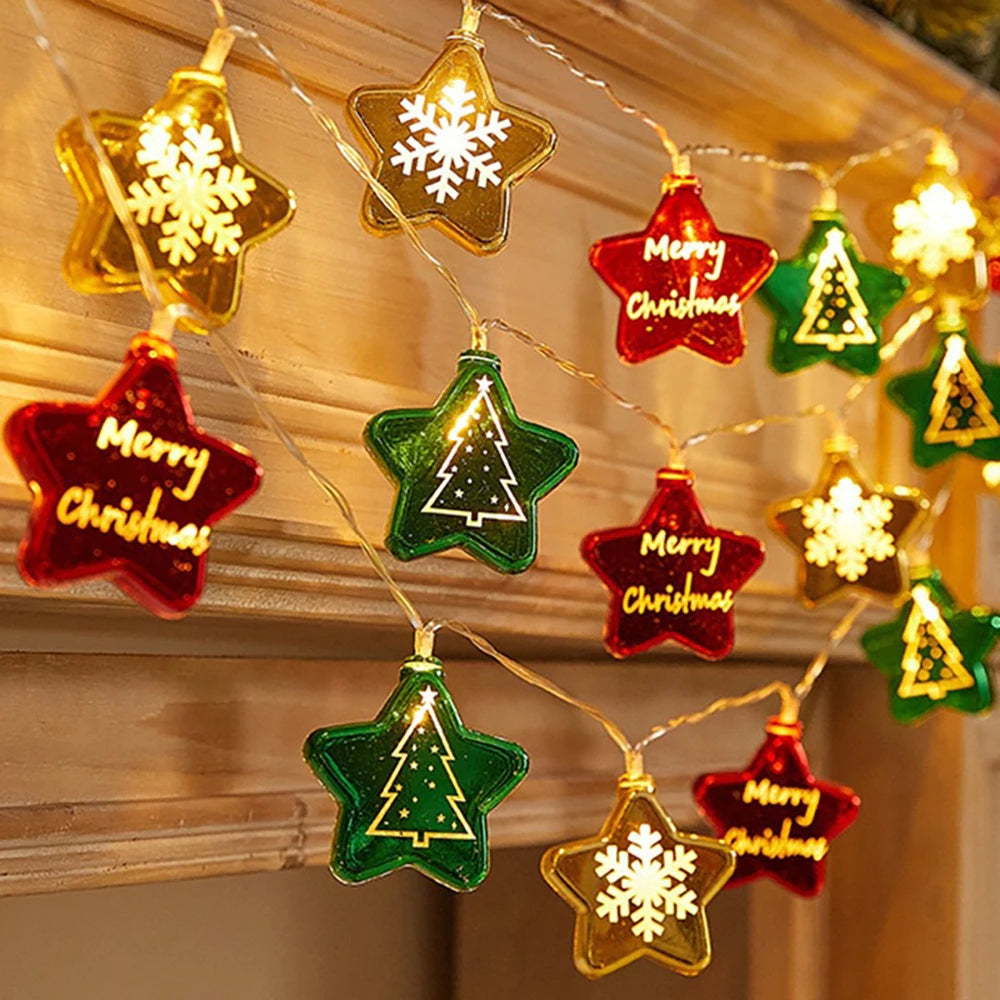 Festive LED fairy lights featuring star-shaped ornaments in gold, red, and green colors for holiday decor