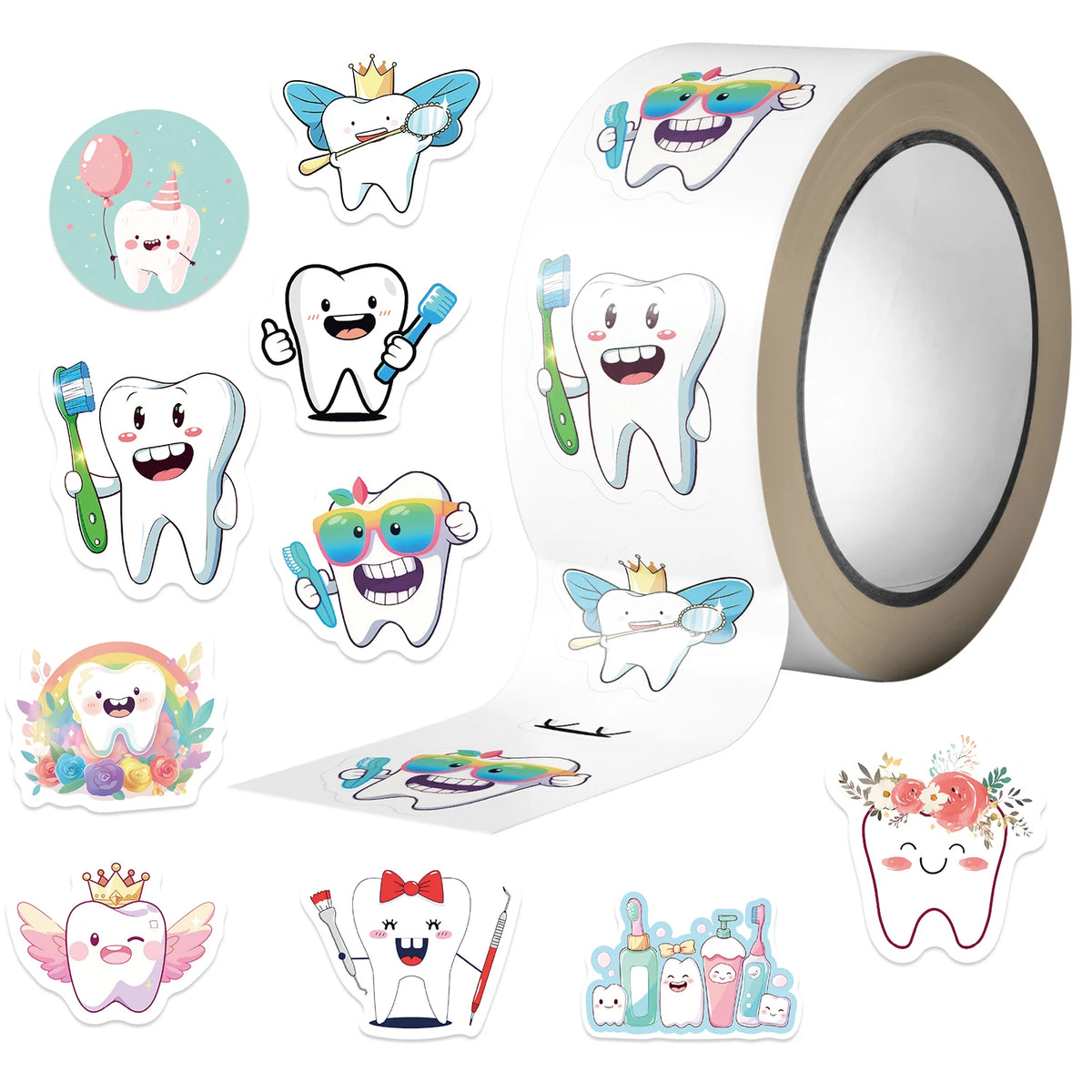 A roll of cartoon tooth fairy stickers featuring various smiling teeth and dental themes for kids and teens.