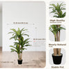 A tall artificial Dracaena tree with green leaves and a brown trunk planted in a black pot.