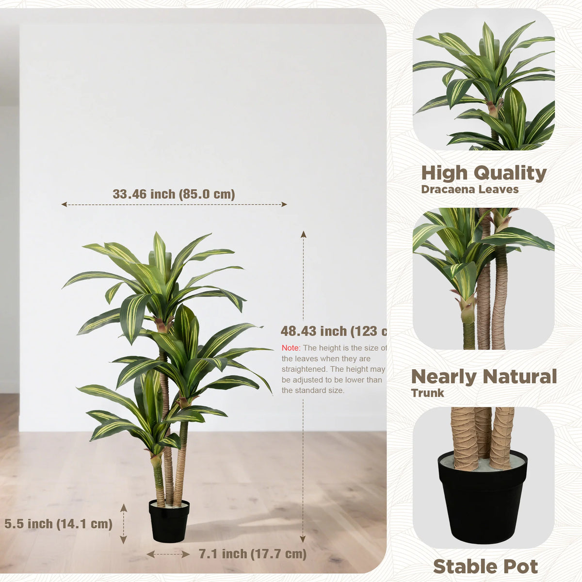 A tall artificial Dracaena tree with green leaves and a brown trunk planted in a black pot.
