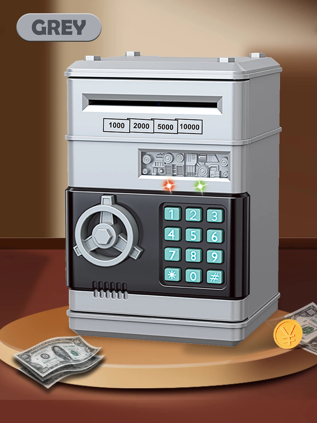 A grey password saving piggy bank for kids with a dial and keypad displaying various numerical options.