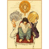 Anime illustration of a dark-haired boy sitting in a chair with an elderly man and a radiant sun design behind them.