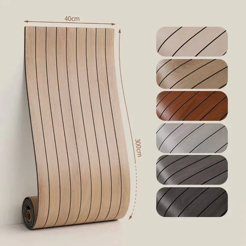 Roll of 3D wood grain self-adhesive wallpaper showing various wood textures and shades.