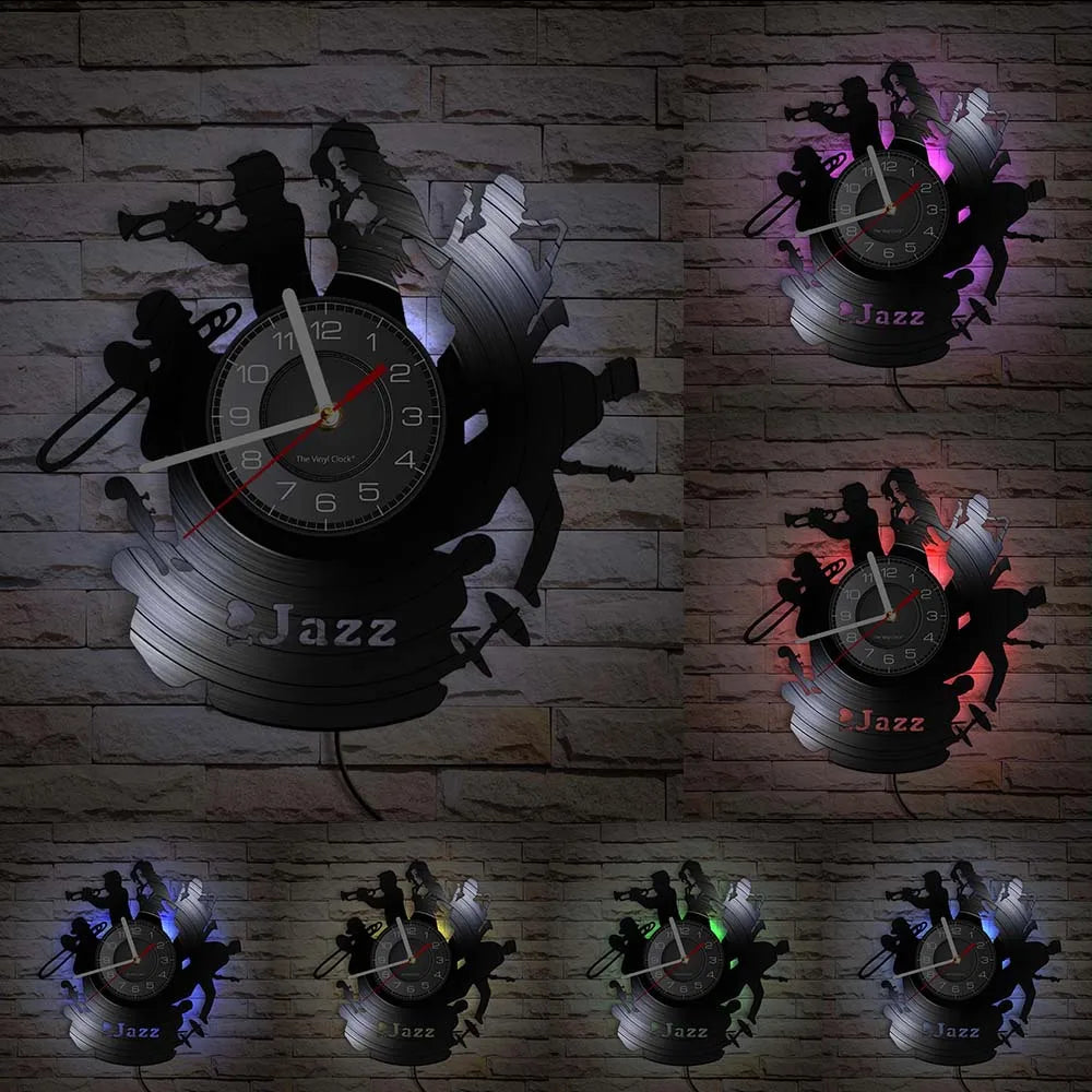 A vintage vinyl record wall clock featuring silhouettes of musicians and a jazz theme.