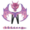 A pink dragon head mask with large purple wings and a matching tail accessory for a cosplay costume set.