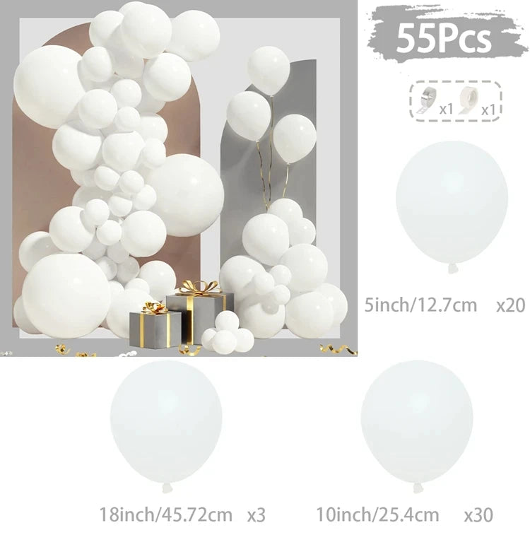 A kit of 55 latex balloons in white and beige, including a garland arch design.