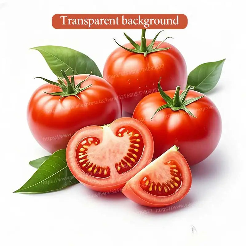 Red tomatoes on a white background with green leaves and sliced halves