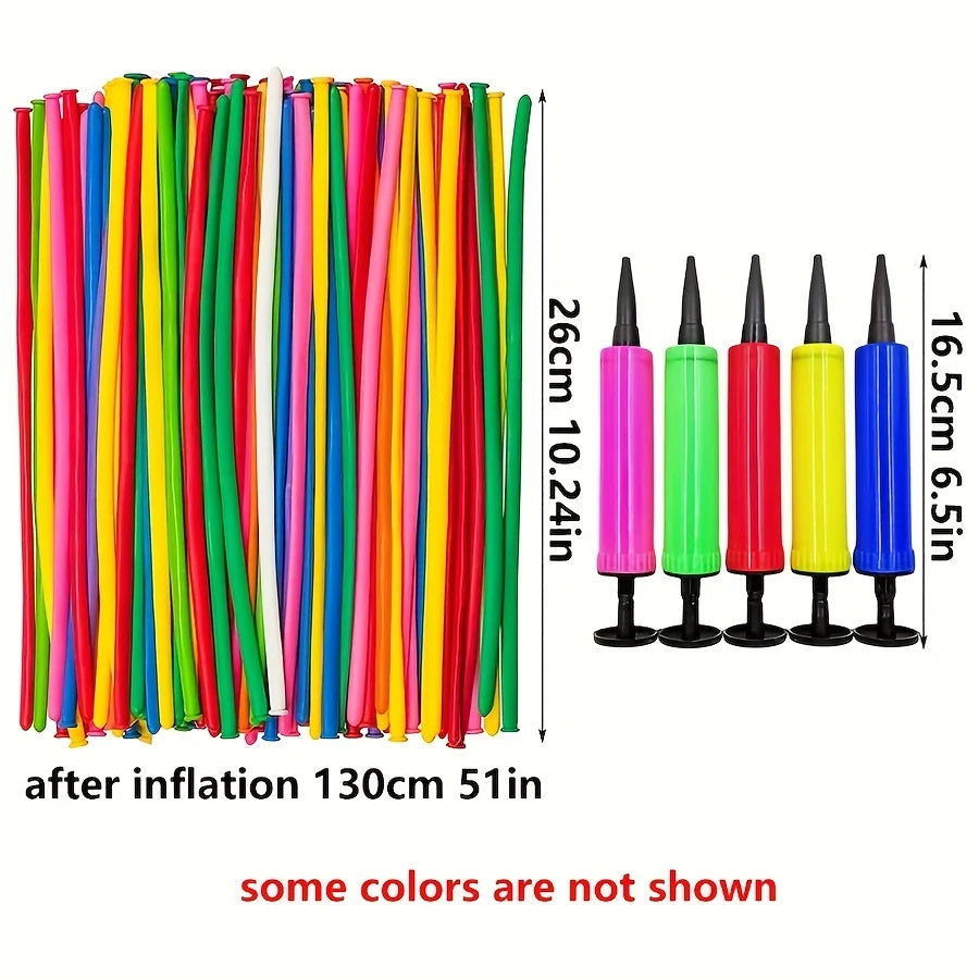 A collection of colorful latex modeling balloons in various colors and sizes, shown standing upright.