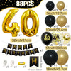 A set of 88 pieces including foil balloons shaped like the number 40, various sized latex balloons in black and gold, and a b